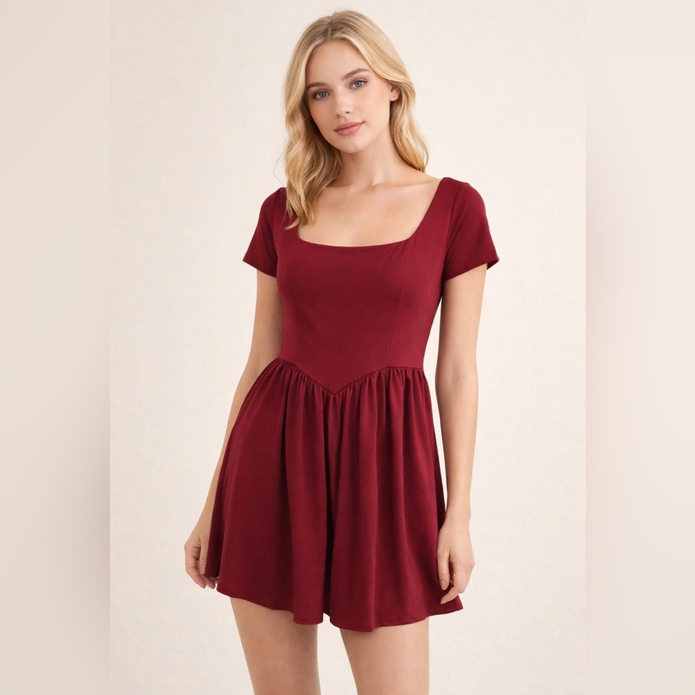 OYS Burgundy Babydoll Dress Square Neck Short Sleeve Pockets Ties in the back